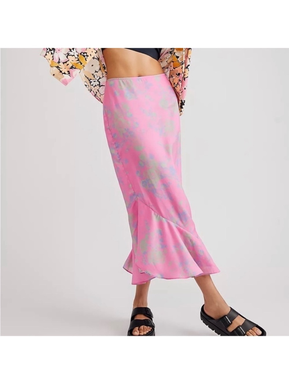 Free People Pink Floral-Print Satin Midi Skirt